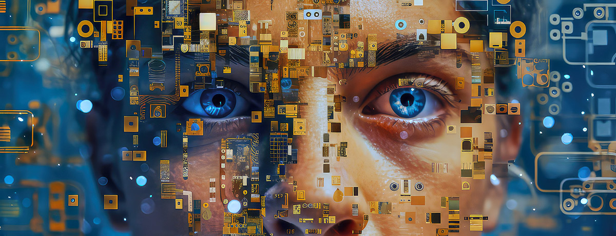 Animated man with blue eyes and digital pixelations across his face 