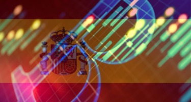 Bitcoin logo over the Spanish flag with technology waves 