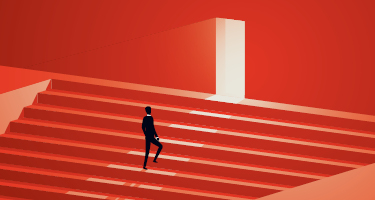 Dark figure walking up red staircase to open door