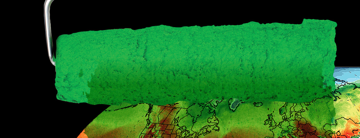 Green paint roller over heat map of the world