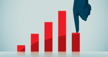 Red data bars in a line on a blue background with a blue hand pressing down on a red bar