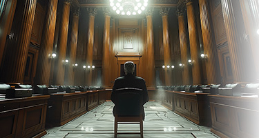 Lawyer seated in an empty court
