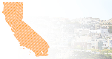 State of California in orange with city in backdrop