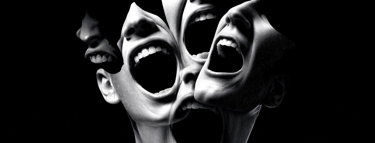 Abstract black-and-white face with multiple screaming mouths, representing emotional distress, anxie