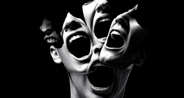 Abstract black-and-white face with multiple screaming mouths, representing emotional distress, anxie