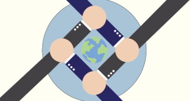 Two people in grey suits lock arms with two people in blue suits surrounded by the Earth in a blue c