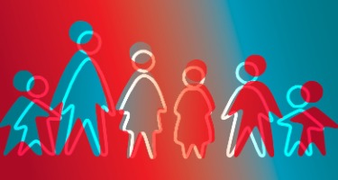 Family with red and blue background with six stick figures 