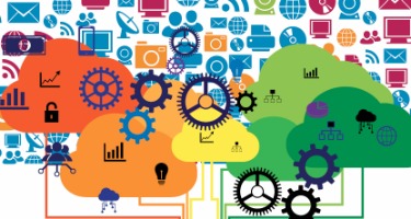 Interconnected rainbow clouds with cogs and different apps displayed