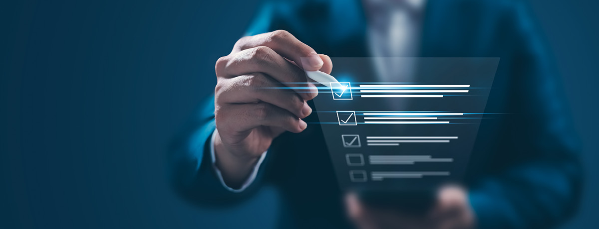 Figure in suit checks off an animated list