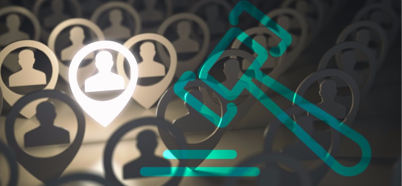 One person in the spotlight amongst a group of peers with a green gavel symbol