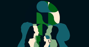 Abstract silhouettes of faces in blue, green and beige