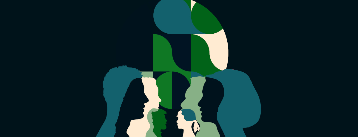 Abstract silhouettes of faces in blue, green and beige