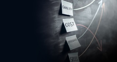 Sticky notes on black chalk board that says quality, cost, and efficiency