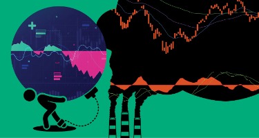 Green background with black silhouette of man carrying a ball and chain