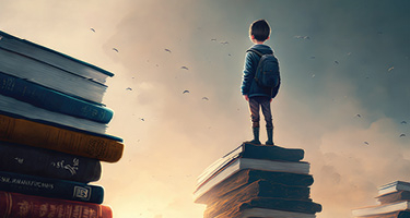 Animated child stands on top of a tower of books