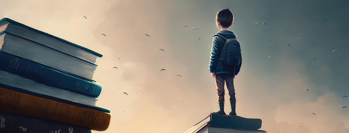 Animated child stands on top of a tower of books