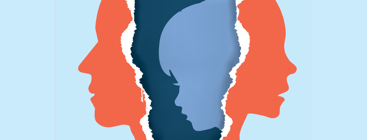 Silhouetted figures split down the middle with child in backdrop