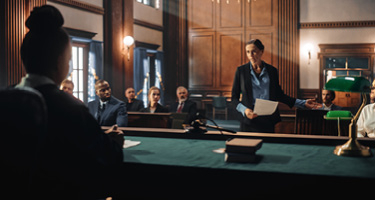 Lawyer speaking in courtroom with crowd and judge in the foreground 