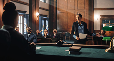 Lawyer speaking in courtroom with crowd and judge in the foreground