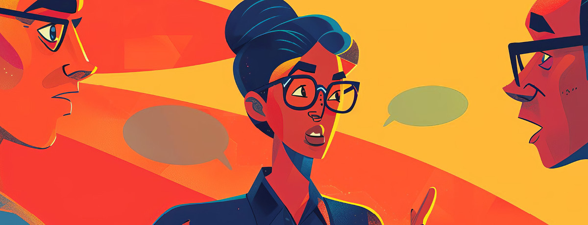 Illustration of three professionals in a workplace discussion, representing employment disputes