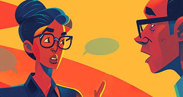 Illustration of three professionals in a workplace discussion, representing employment disputes