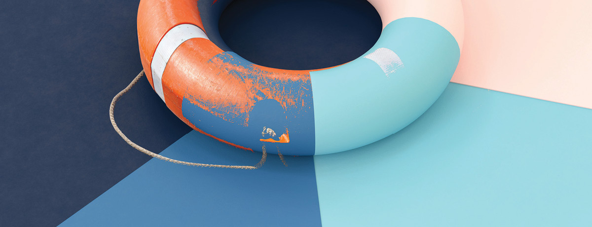 Orange, blue teal and peach life preserver