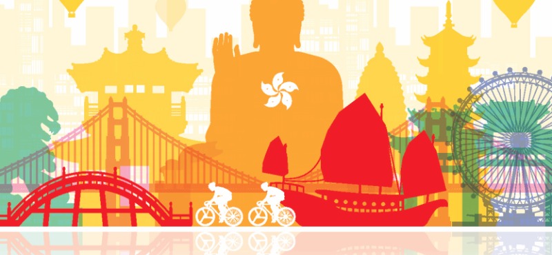 Rainbow background with multiple Asian landmarks 