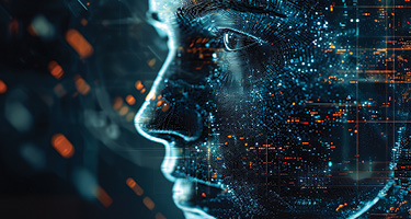 Animated woman's face with code scattered everywhere