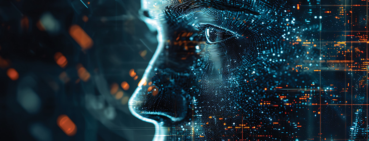 Animated woman's face with code scattered everywhere