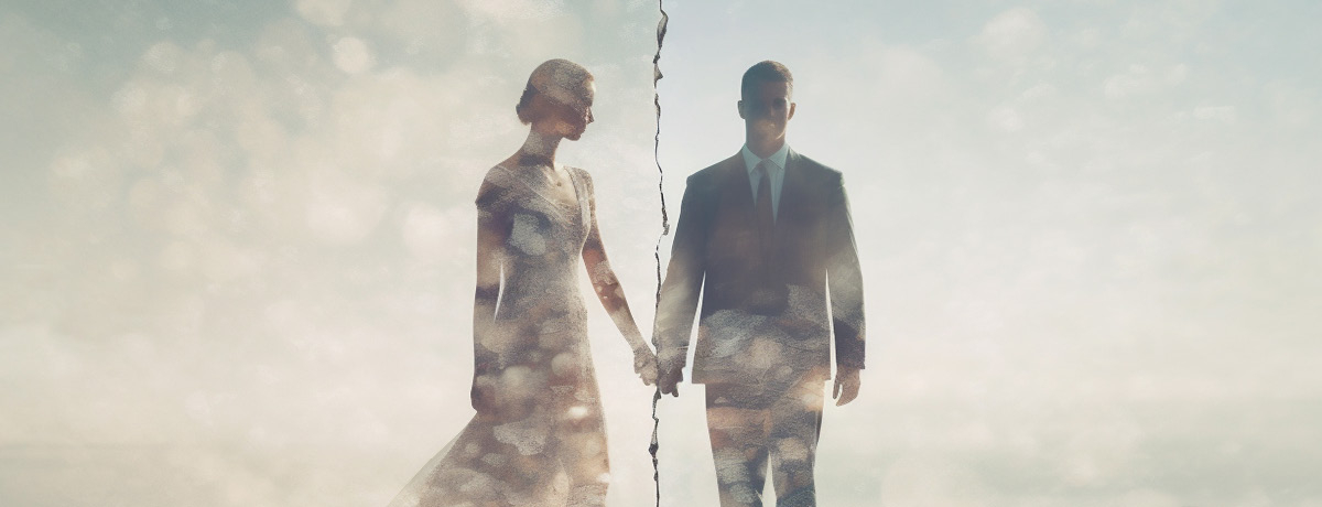 Image of bride and groom on beach with a split down the middle