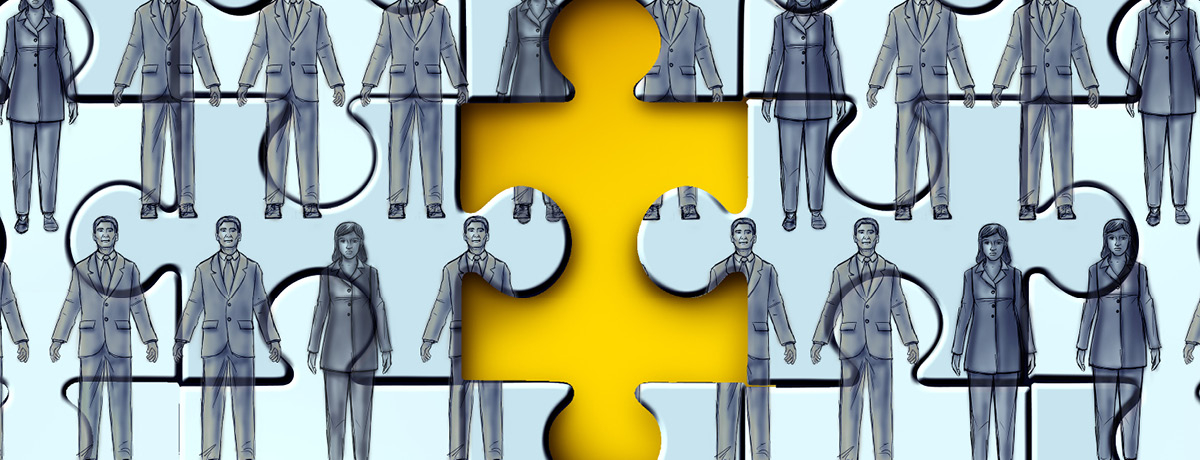 Puzzle with people on it with one missing yellow piece