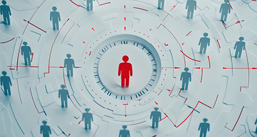 Illustration of a central red figure surrounded by gray figures in a circular network