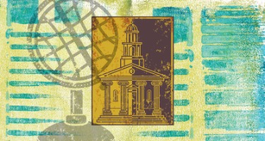 American flag background with yellow and blue and globe symbol with a yellow courthouse center in th