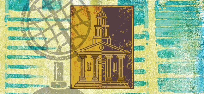 American flag background with yellow and blue and globe symbol with a yellow courthouse center in th