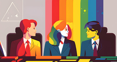Three animated figures wearing suits with rainbow in backdrop