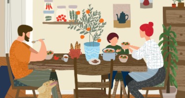 Cartoon graphic of a family of three sitting at a table eatinga
