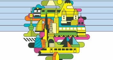 Cross Border with circle with blue background and colorful transporation symbols  