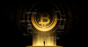 Small figurine standing under a large Bitcoin coin