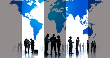 Silhouettes of people on a white background with a blue global map of the world