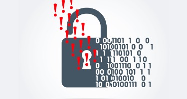 Locked image with a data breach and lock symbol with red exclamation points and binary 