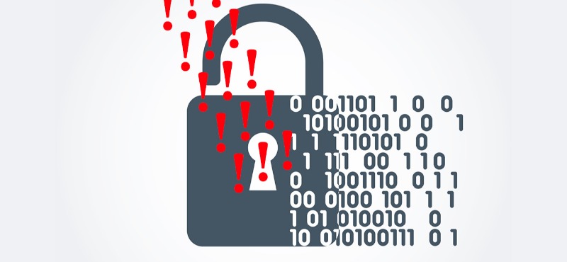 Locked image with a data breach and lock symbol with red exclamation points and binary 