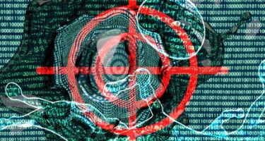 Blue data text breached by an overlayed red target on a black background