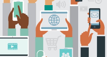 Multiple people with electronic devices accessing different parts of the web