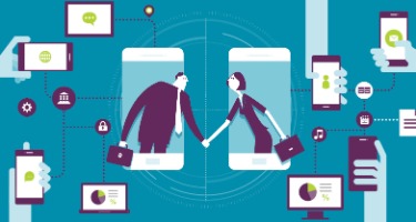 Two cellphones one with a man and one with a woman shaking hands 