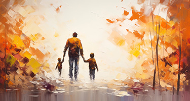 Painting of father walking with two children