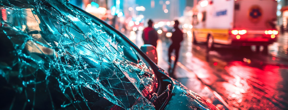 damaged vehicle with emergency medics standing nearby in the background.