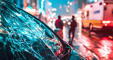 damaged vehicle with emergency medics standing nearby in the background.