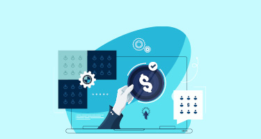 Graphic of a hand holding a coin with a dollar sign on it and multiple business icons 