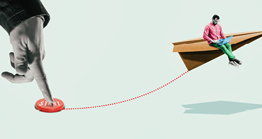 Man sitting on paper airplane connected to a start button being pressed by hand