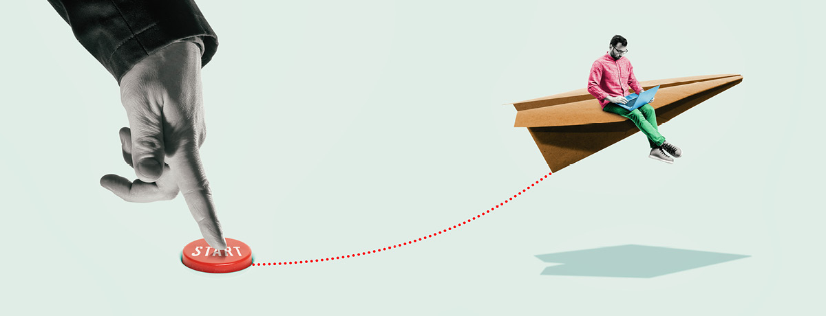 Man sitting on paper airplane connected to a start button being pressed by hand